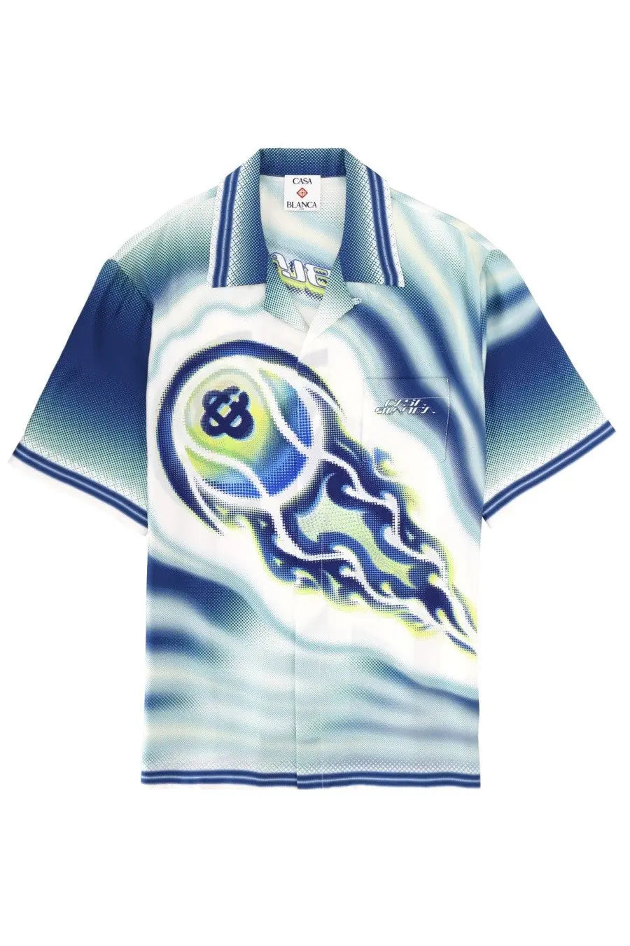 Casablanca men’s flaming tennis ball blue polo shirt with blue and white gradient and stylized jellyfish graphic