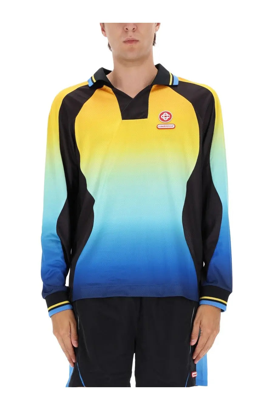 Casablanca men’s football shirt multicolor with vibrant yellow to blue gradient long sleeve polo and black accents