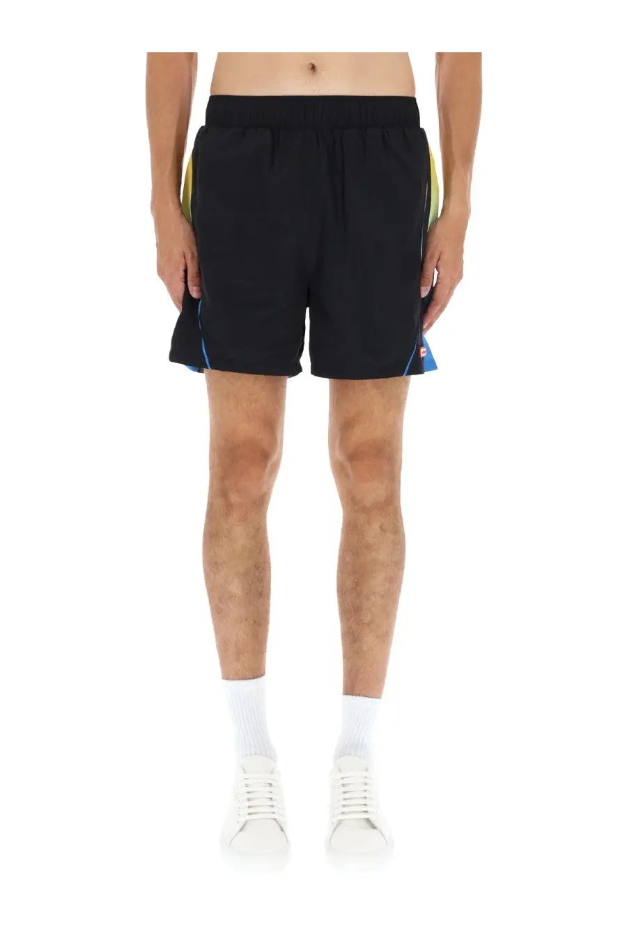 Casablanca men’s football windbreaker shorts in black with vibrant yellow and blue side panels and drawstring waistband
