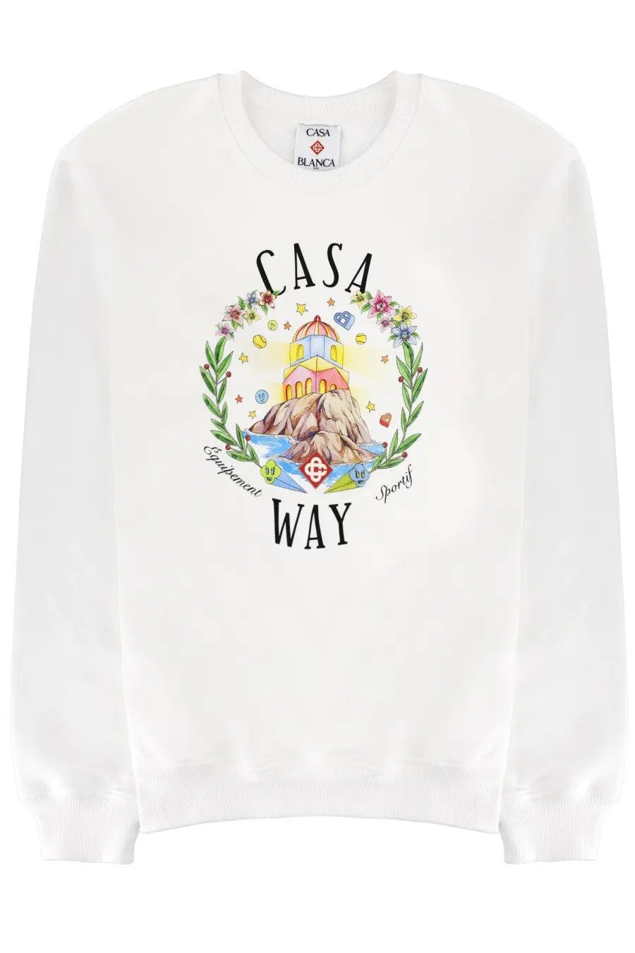 White cotton sweatshirt with colorful watercolor lighthouse graphic and casa way text in a casual men’s design