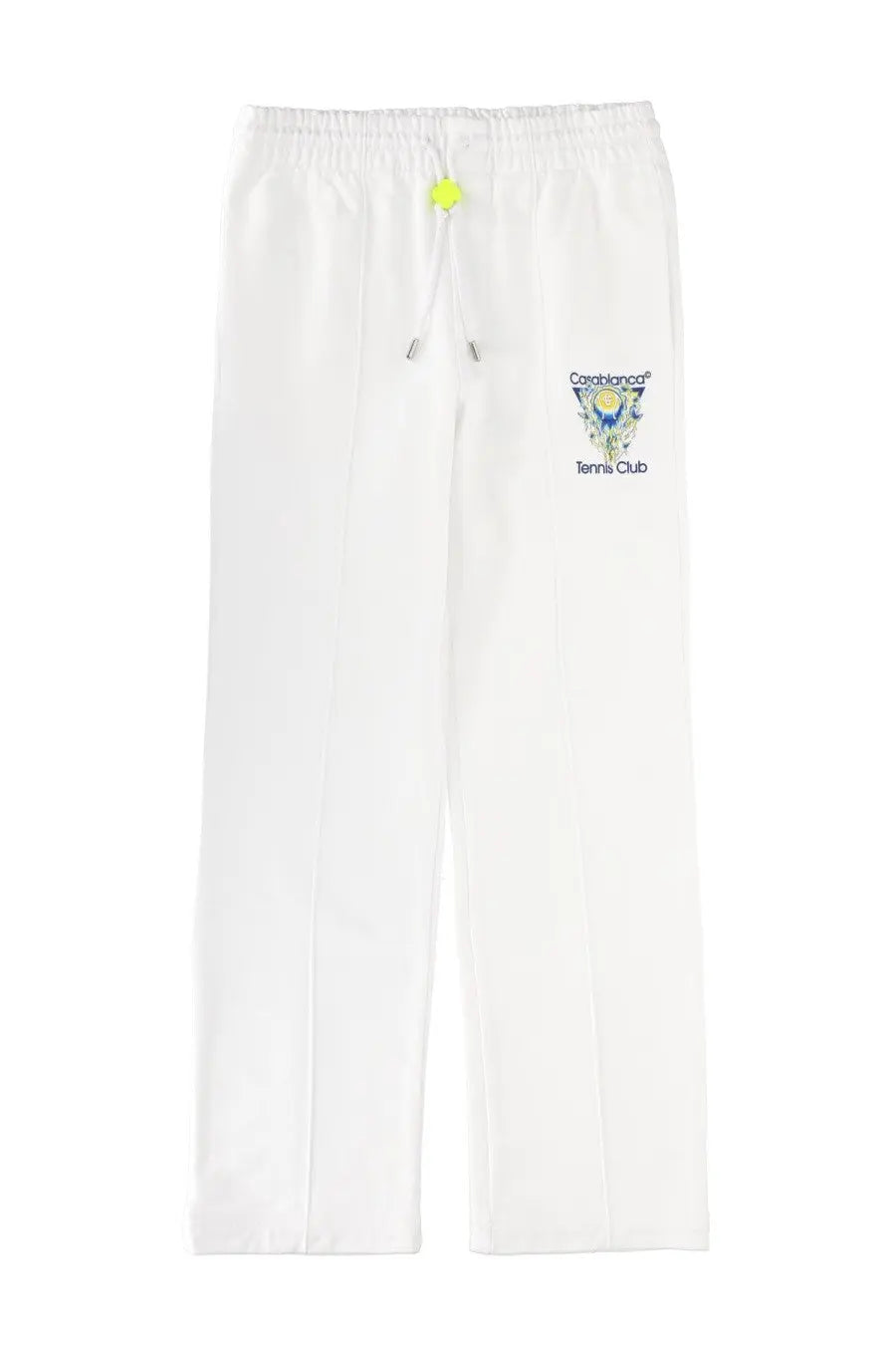Casablanca men’s white cotton jogger pants with neon green drawstring and castiglione tennis club logo on left thigh