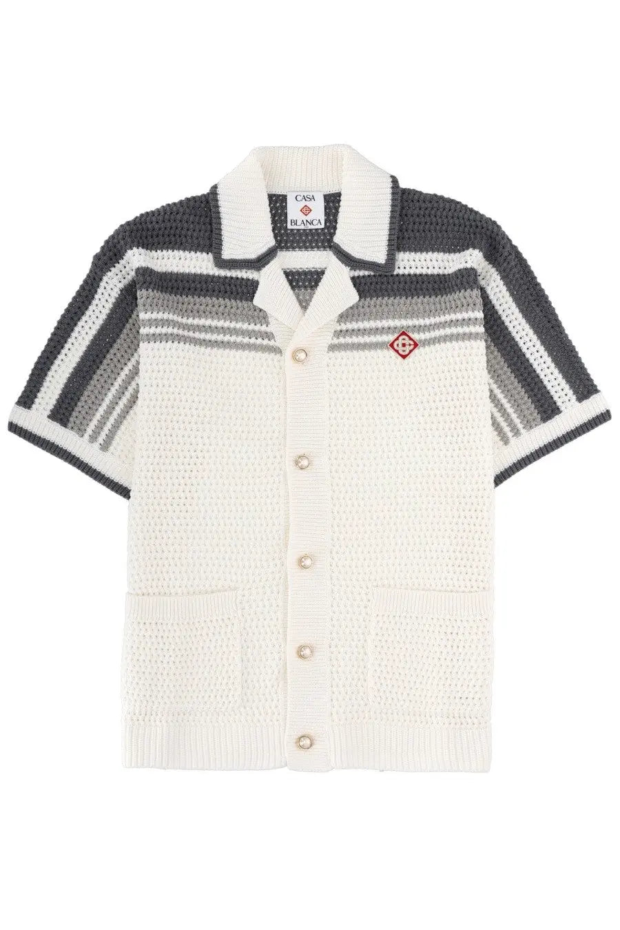 Casablanca men’s cream-colored knit shirt with collar short sleeves black gray stripes and front button closure