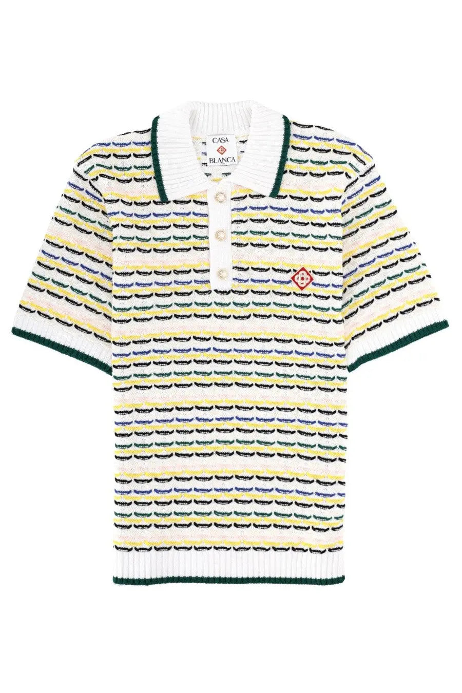 Casablanca men’s knitted polo shirt in cream yellow and green with black curved stripes featuring short sleeves