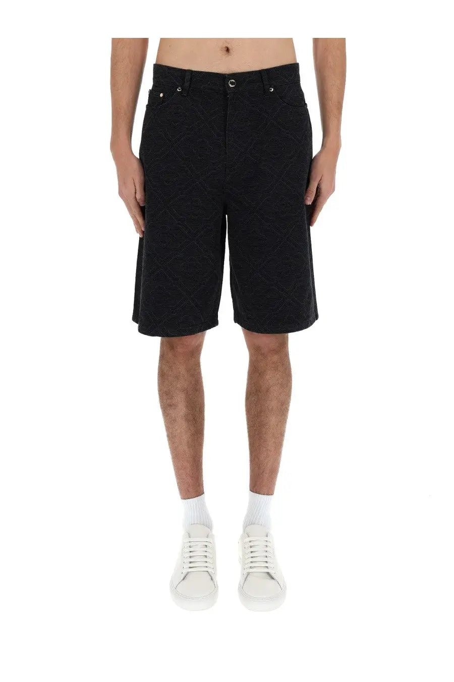 Casablanca men’s laser monogram black denim shorts with subtle textured pattern and classic five-pocket design