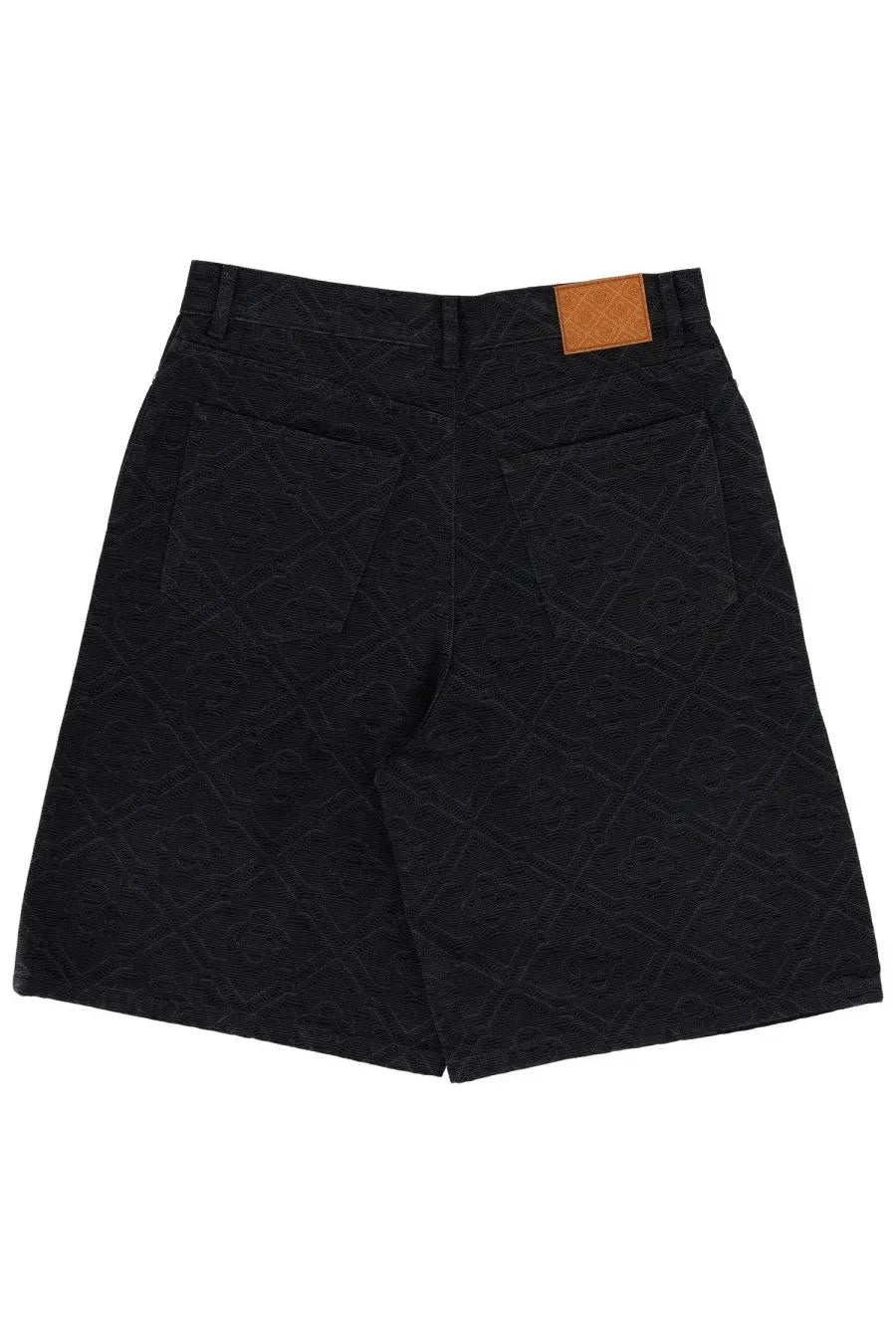 Casablanca men’s laser monogram black shorts with subtle geometric pattern and tan leather brand patch on waistband