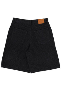 Casablanca men’s laser monogram black shorts with subtle geometric pattern and tan leather brand patch on waistband