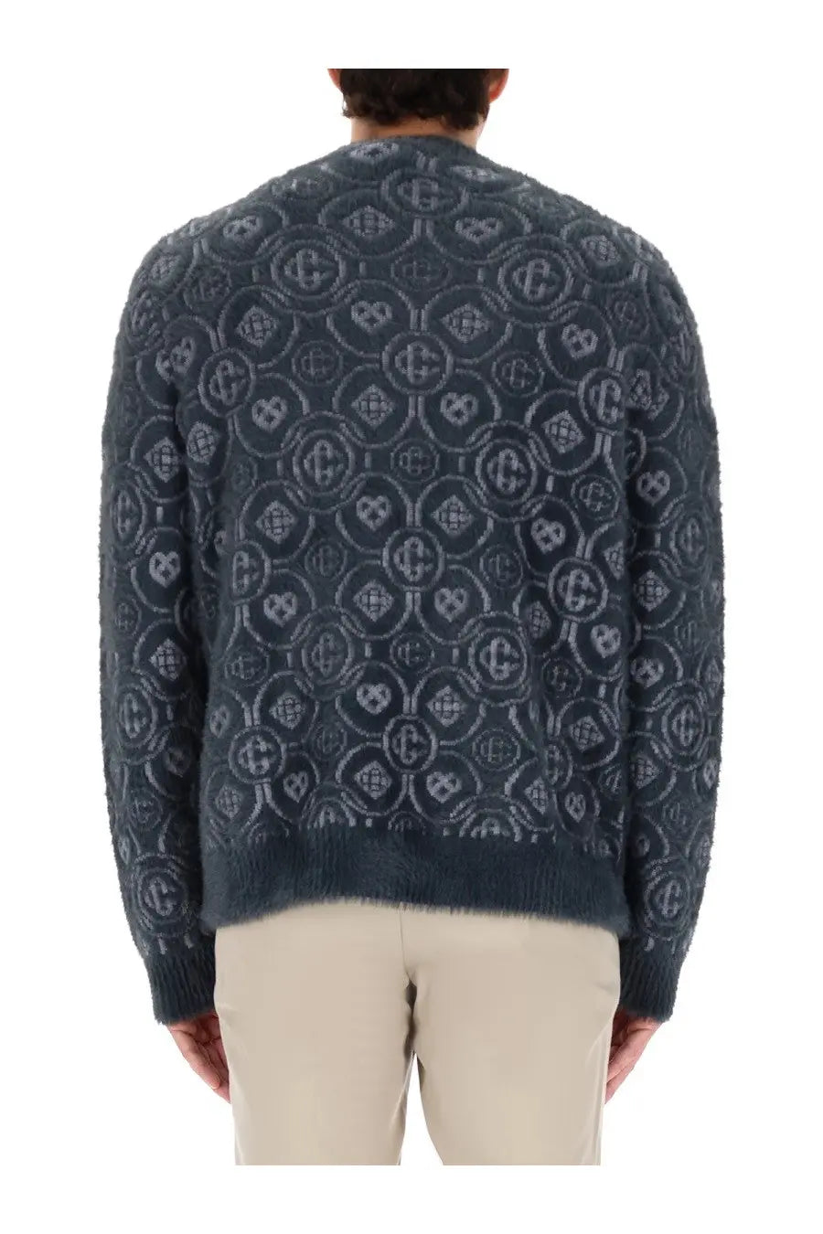 Dark blue textured knit cardigan with interlocking gray geometric and heart motifs from casablanca mens monogram collection
