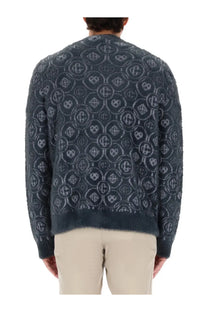 Dark blue textured knit cardigan with interlocking gray geometric and heart motifs from casablanca mens monogram collection