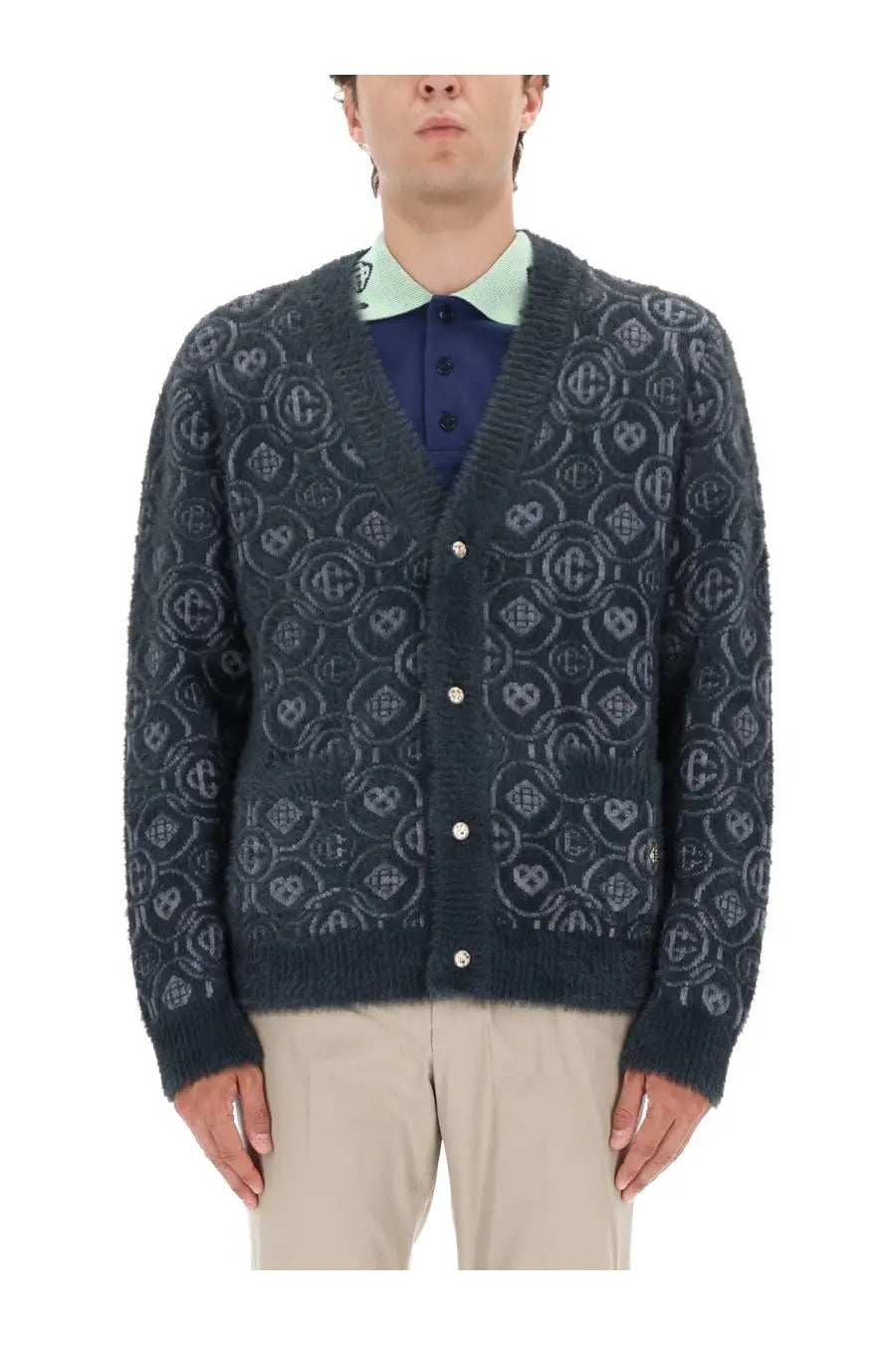 Dark gray textured knit cardigan with repeating circular monogram pattern and metallic buttons from casablanca men