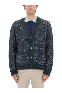 Dark gray textured knit cardigan with repeating circular monogram pattern and metallic buttons from casablanca men