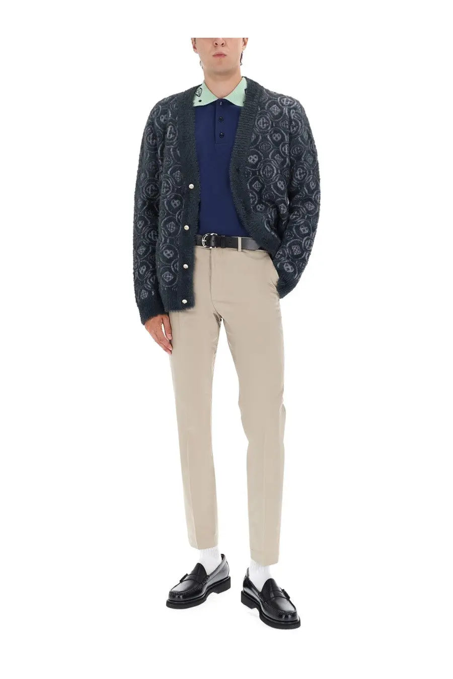 Dark green knitted cardigan with repeating skull pattern silver buttons and ribbed cuffs from casablanca men’s monogram fluffy cardigan gray