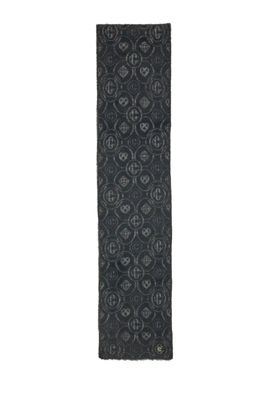 Casablanca men’s monogram fluffy scarf grey in black with a repeating lighter gray geometric pattern