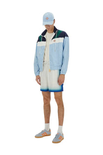 Casablanca men’s pinstripe laurel track jacket in light blue and white stripes with navy and green accents