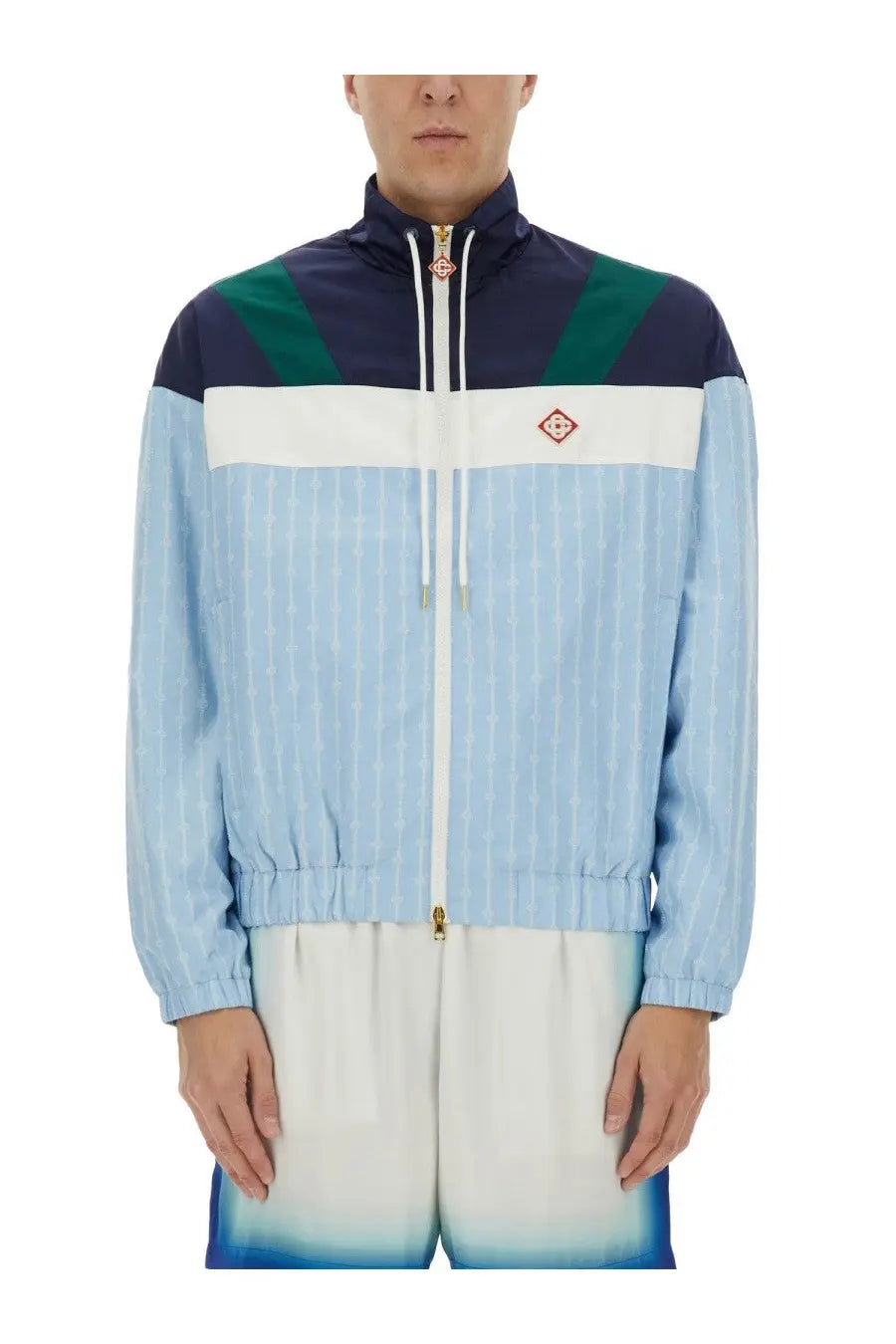Casablanca men’s pinstripe laurel track jacket in navy green and light blue with white stripe and red diamond logo