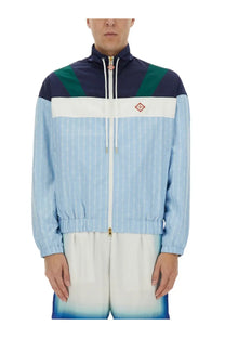 Casablanca men’s pinstripe laurel track jacket in navy green and light blue with white stripe and red diamond logo