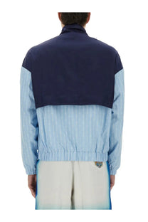 Casablanca men’s pinstripe laurel track jacket in navy and light blue striped two-tone windbreaker fabric front view