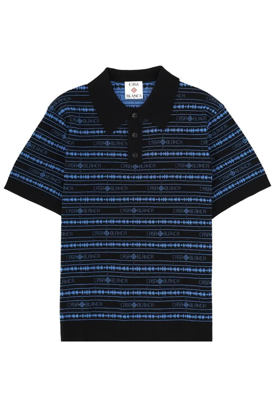 Casablanca men’s black short-sleeved polo shirt with blue logo stripes and matching collar in sound wave multicolor