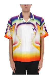 Casablanca men’s short-sleeve printed shirt with vibrant psychedelic purple orange yellow swirls on white base