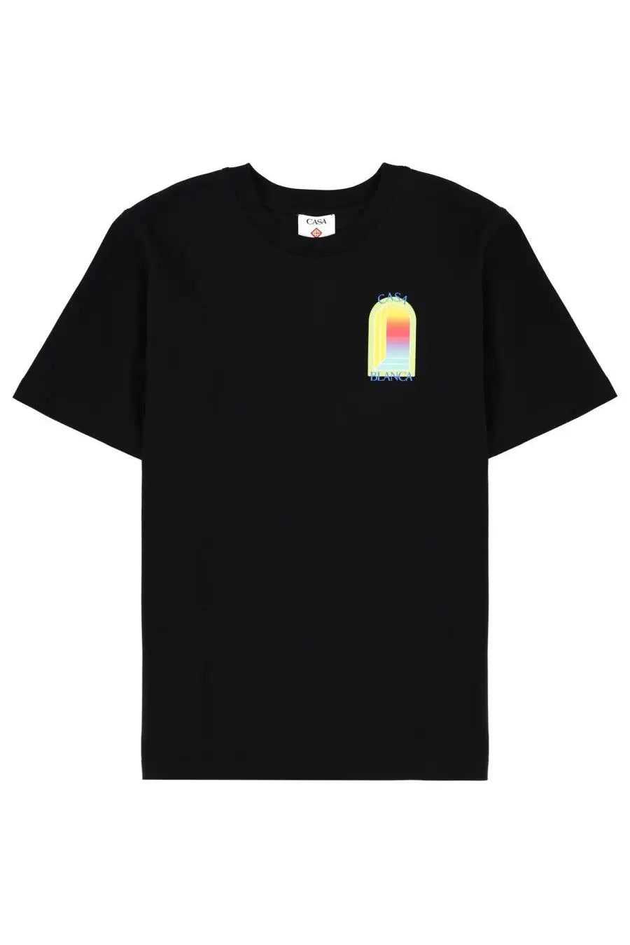 Black short-sleeved cotton t-shirt with colorful arched graphic and light blue casa french text for men by casablanca