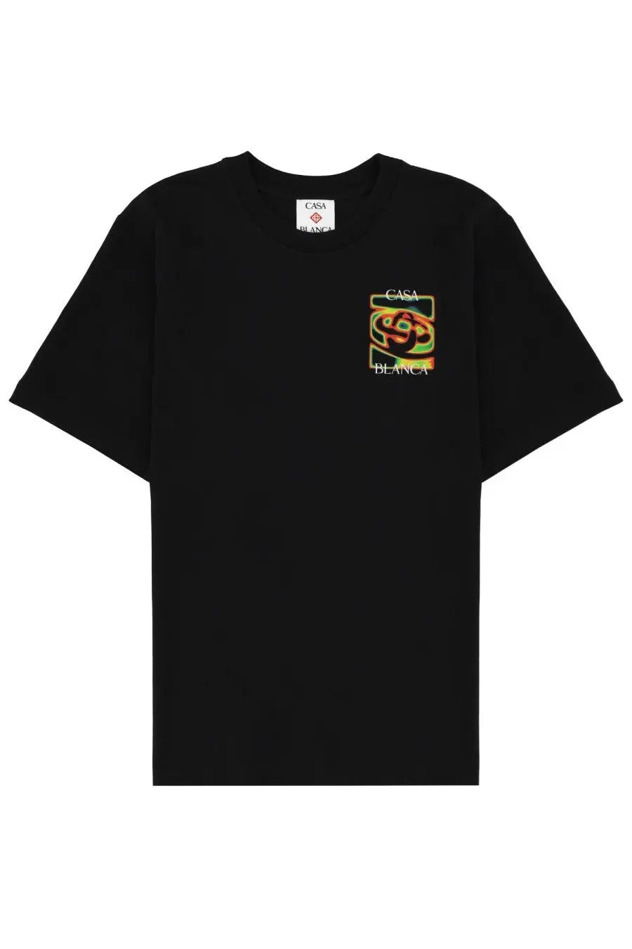 Black short-sleeved Casablanca men’s t-shirt featuring a colorful stylized graphic with casa blanca text on the chest