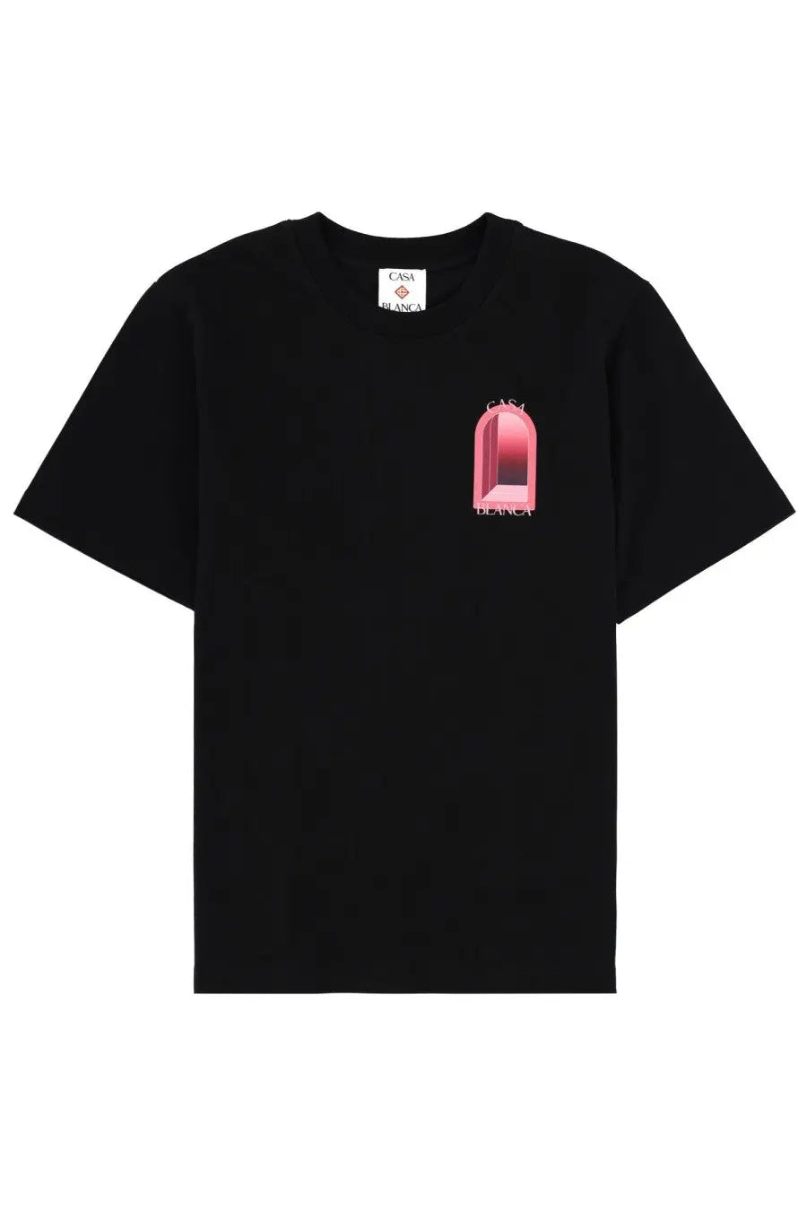 Casablanca men’s black short-sleeved t-shirt with pink arched graphic and casa blanca text on front