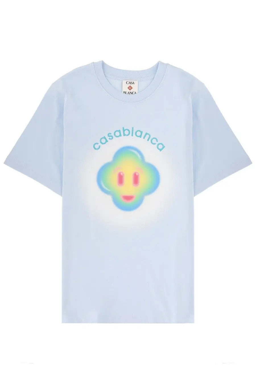 Casablanca men’s light blue cotton t-shirt with a colorful smiling cloud graphic and casablanca text above it