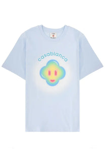 Casablanca men’s light blue cotton t-shirt with colorful smiling cloud graphic and casablanca text above it