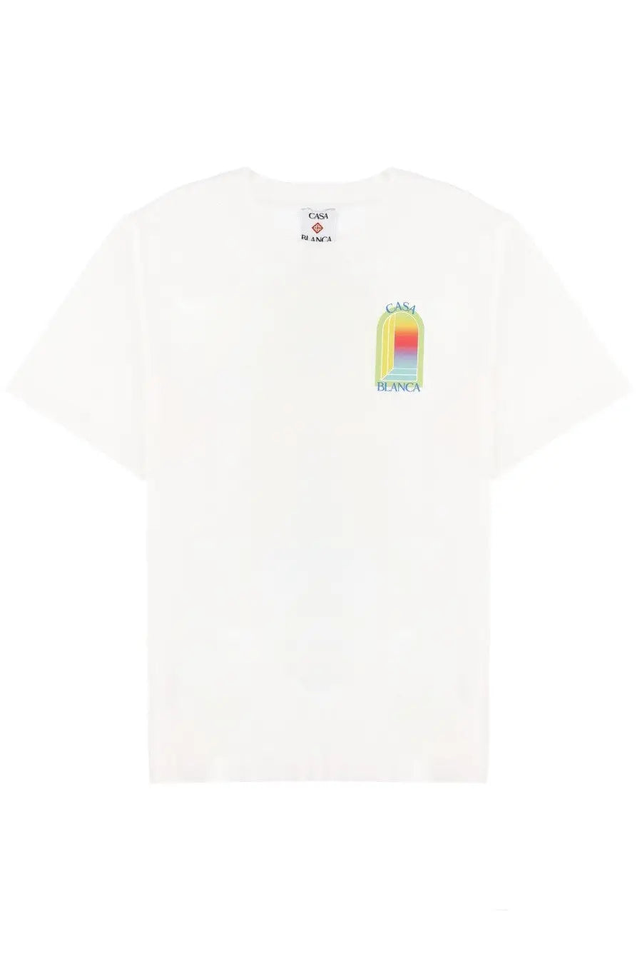 Casablanca men’s white cotton t-shirt with colorful rainbow arch graphic and green casa blanca text below it