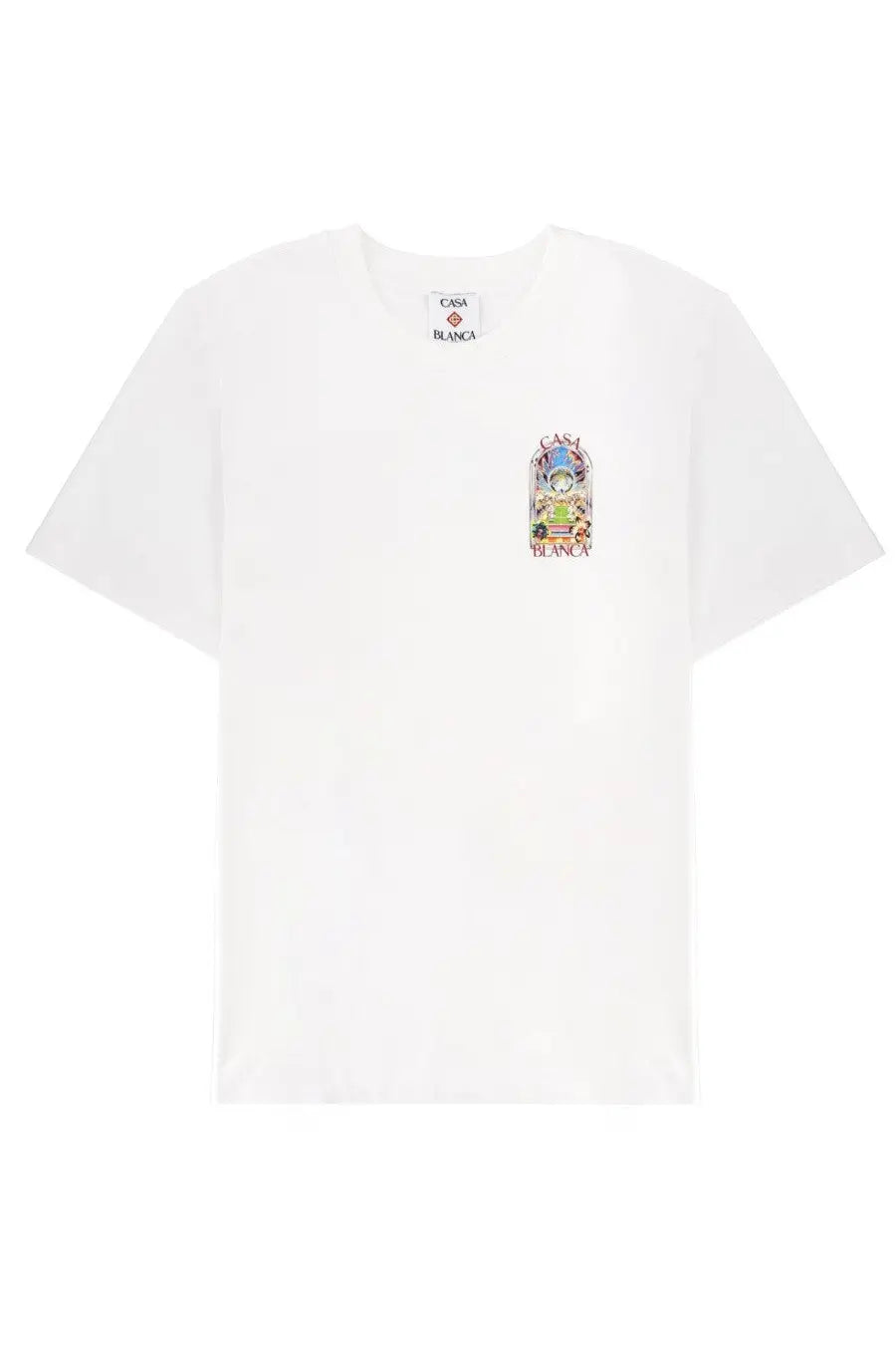 White cotton Casablanca men’s shirt with colorful stylized graphic and casa blanca text on the left chest
