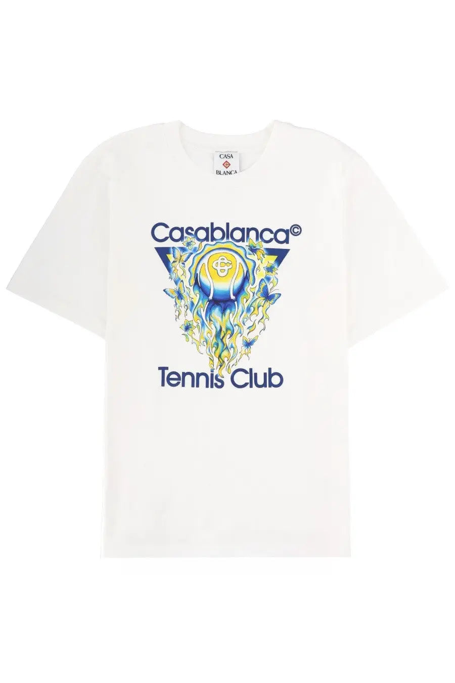 White cotton Casablanca men’s t-shirt with vibrant blue and yellow tennis club logo floral and butterfly graphic