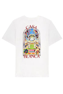 White cotton Casablanca men’s shirt with vibrant colorful graphic print of tennis players and psychedelic patterns