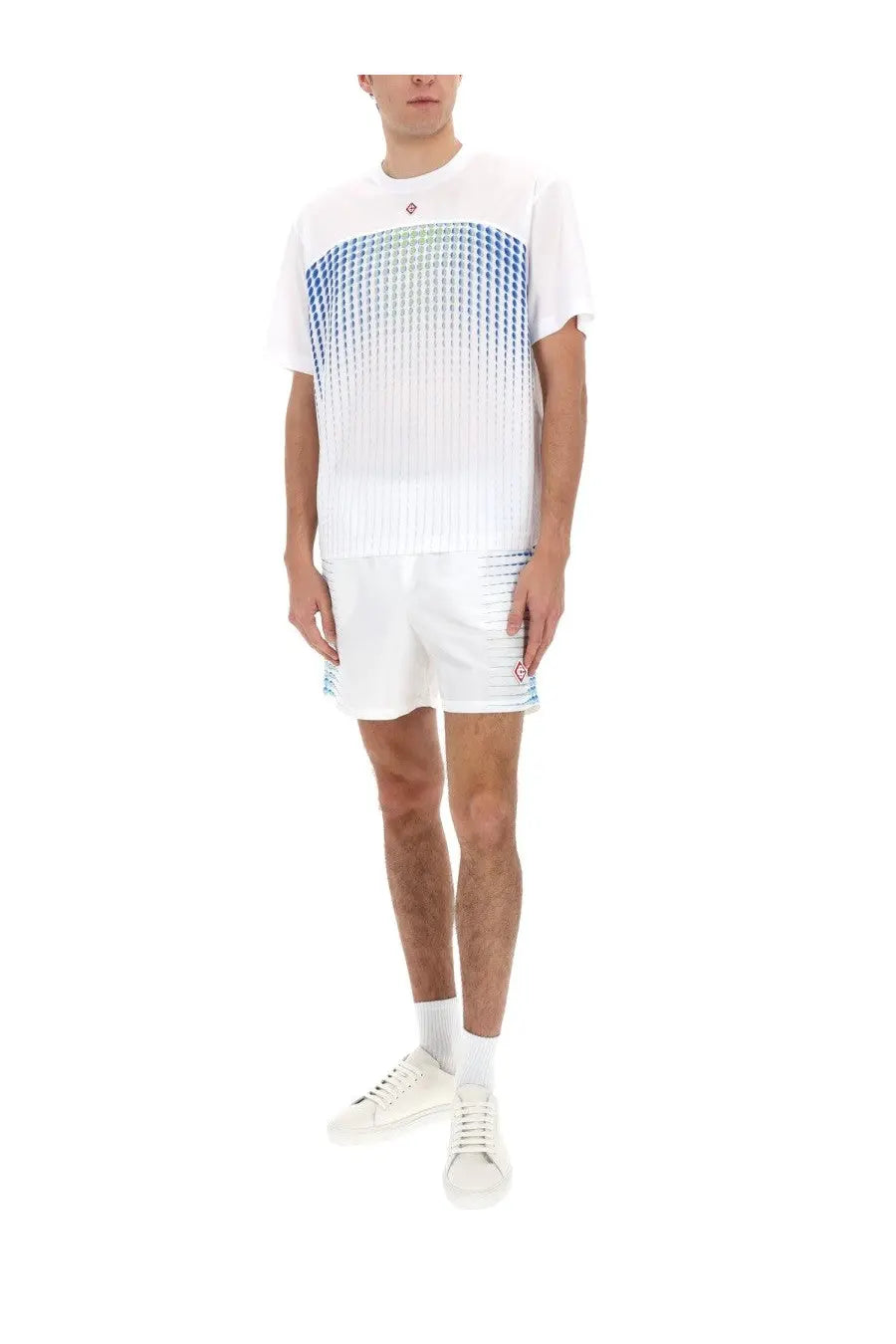 Casablanca men’s white short-sleeved t-shirt with a gradient blue and green geometric pattern across the chest