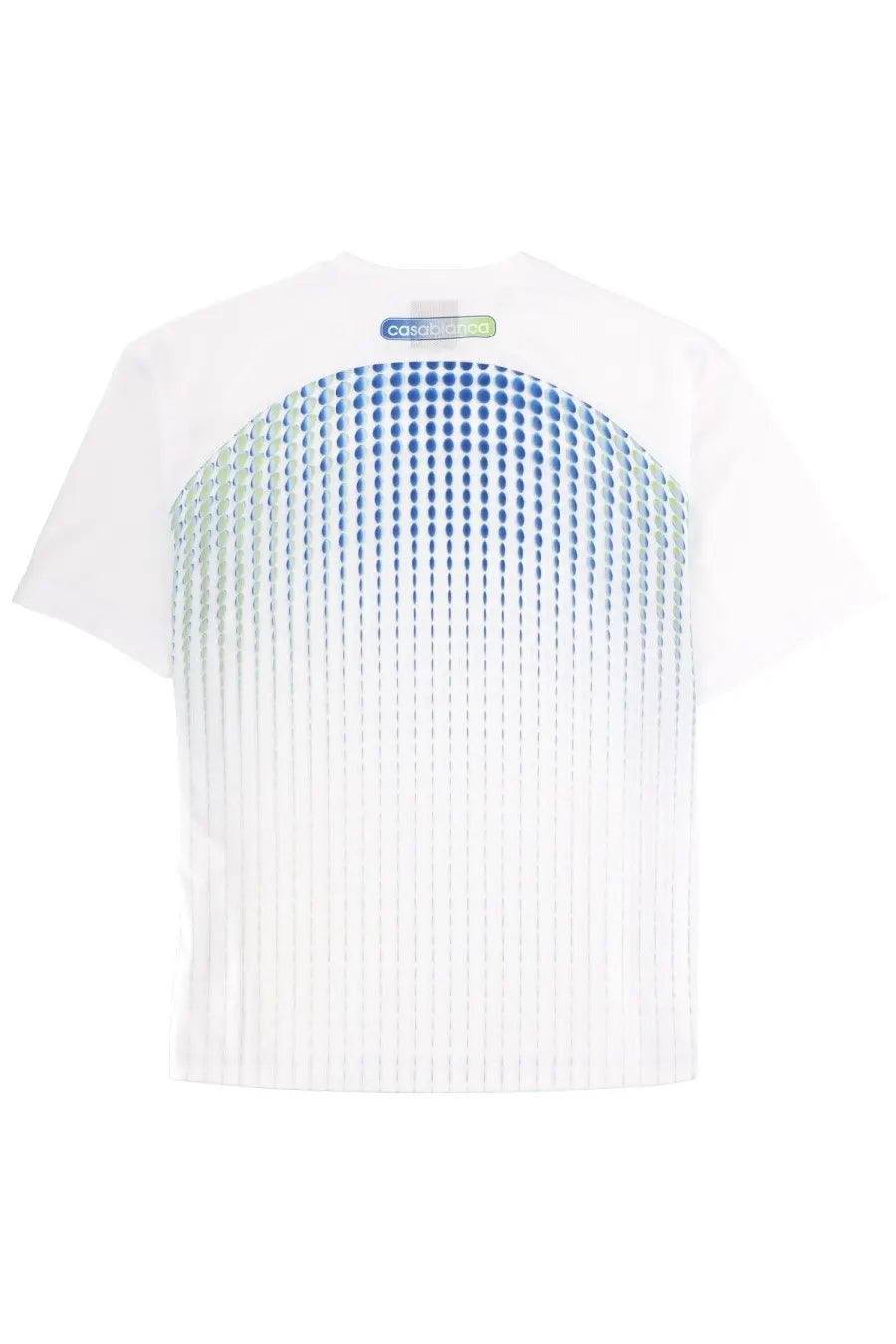 Casablanca men’s white short-sleeved shirt with gradient blue and green dot pattern and vertical pleats below hem