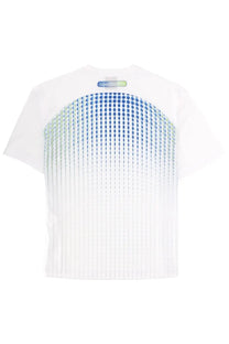 Casablanca men’s white short-sleeved shirt with gradient blue and green dot pattern and vertical pleats below hem