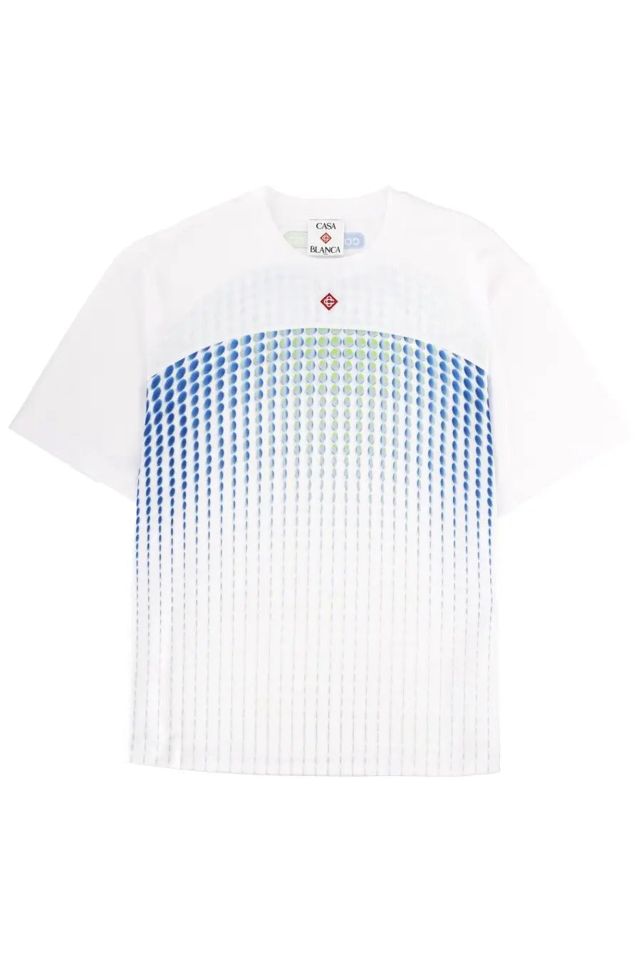 White short-sleeved Casablanca men’s shirt with gradient blue and green dot pattern and vertical pleats at hem