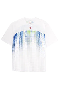 White short-sleeved Casablanca men’s shirt with gradient blue green dot pattern and vertical pleats at the hem