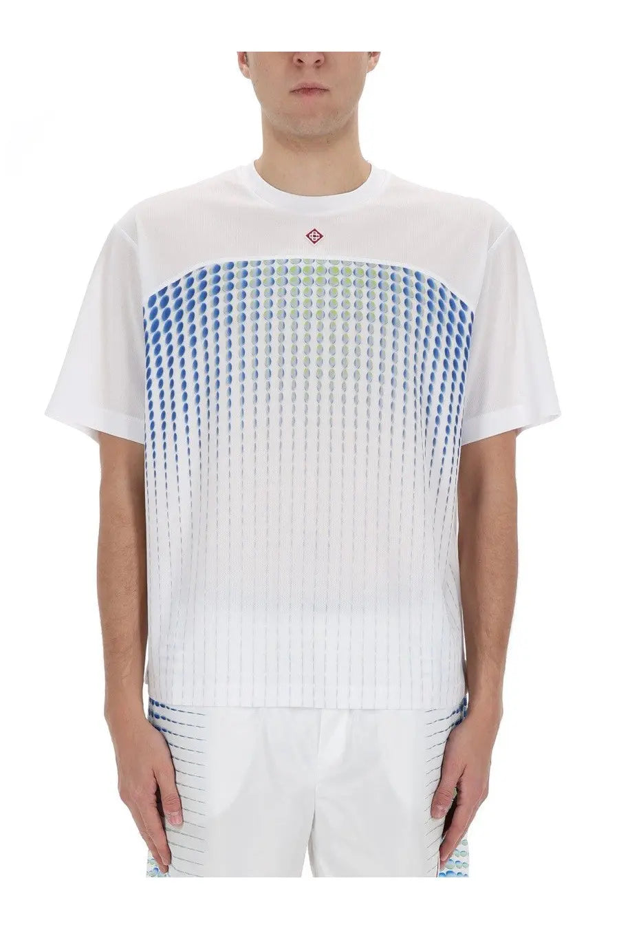 Casablanca men’s white short-sleeved t-shirt with blue and green gradient dot pattern and small red logo on collar