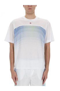 Casablanca men’s white short-sleeved t-shirt with blue and green gradient dot pattern and red collar logo