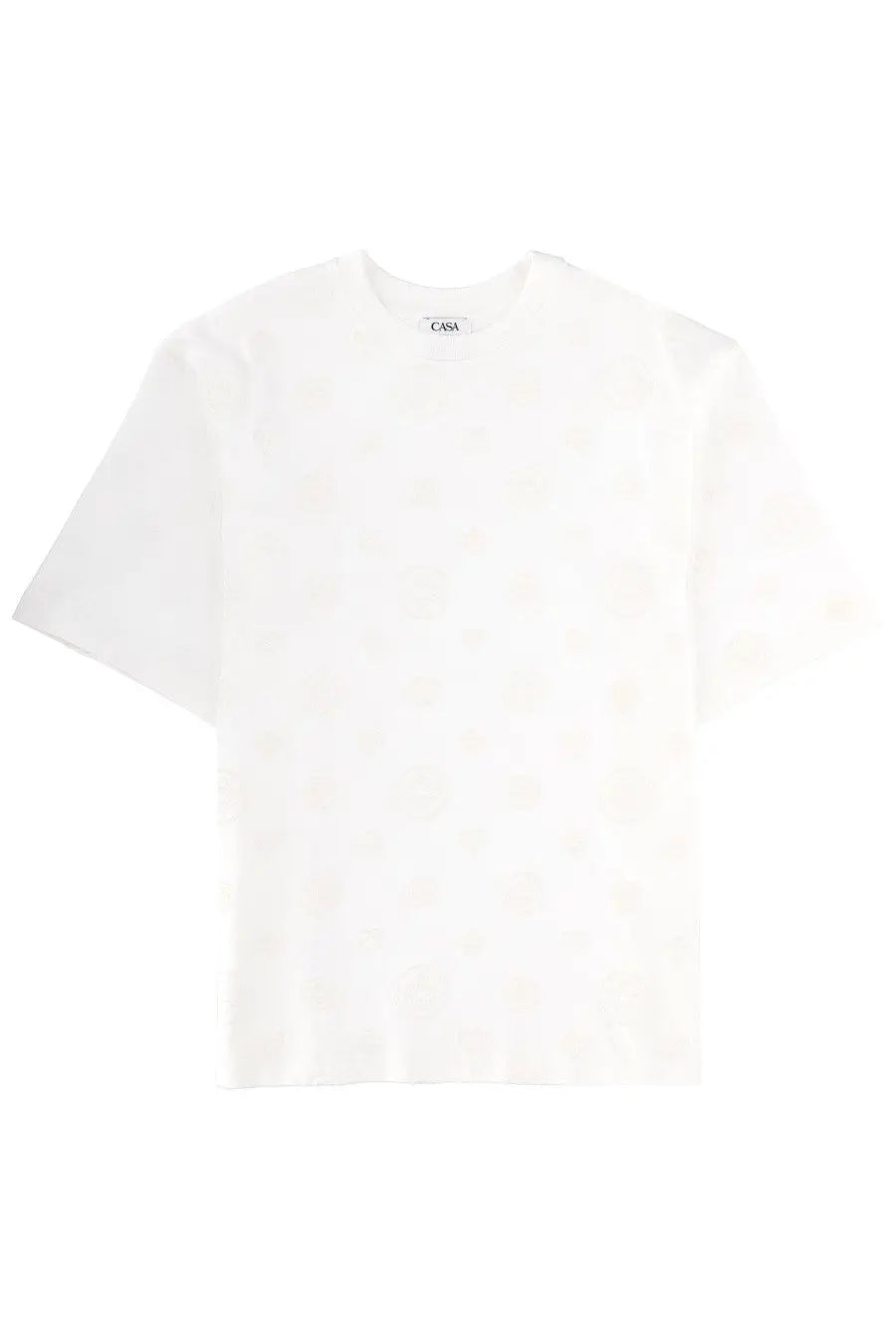Casablanca men’s white short-sleeved shirt with subtle textured pattern and casa brand label at neckline