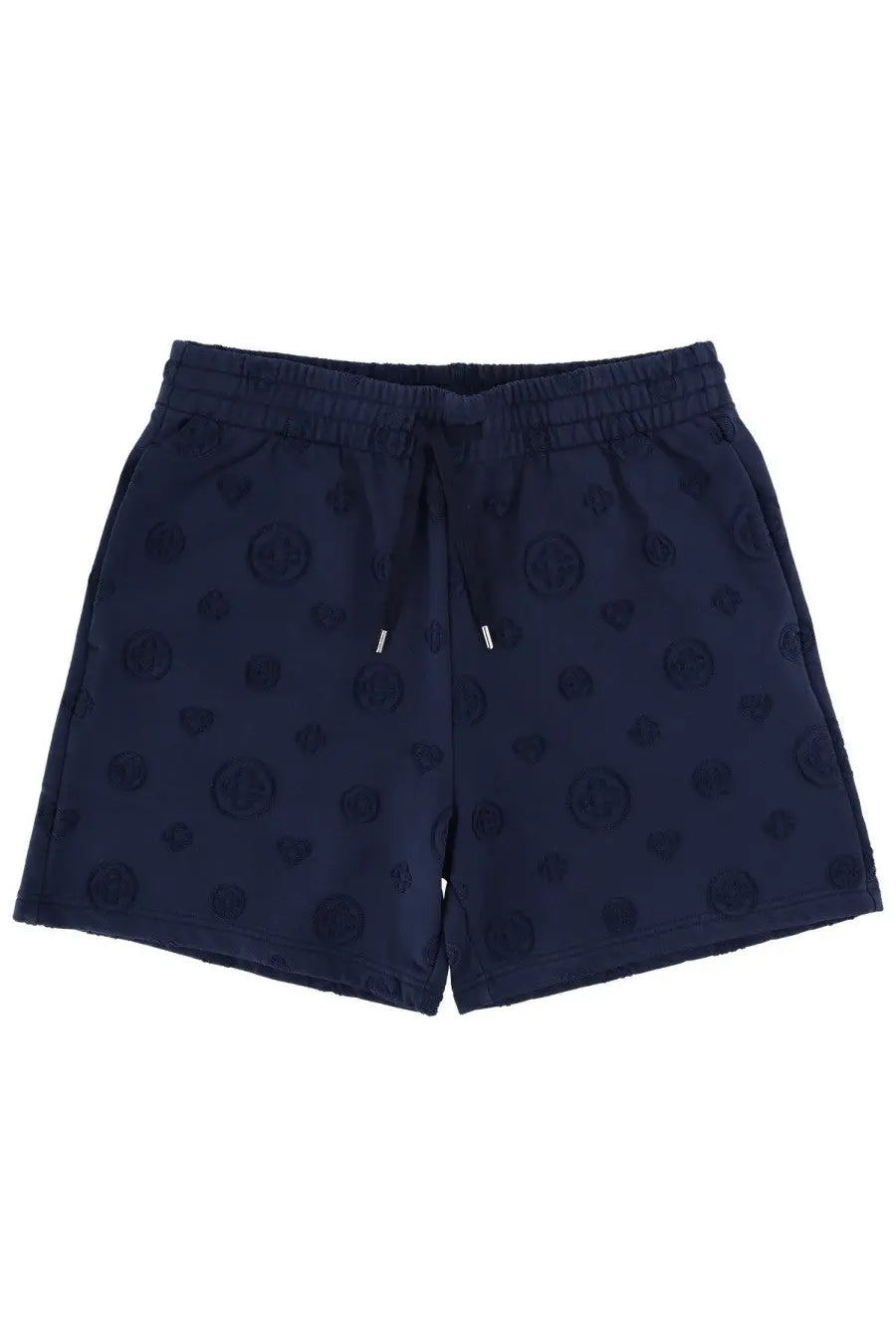 Casablanca men’s navy blue shorts with elastic waistband and drawstring featuring embossed circular motifs