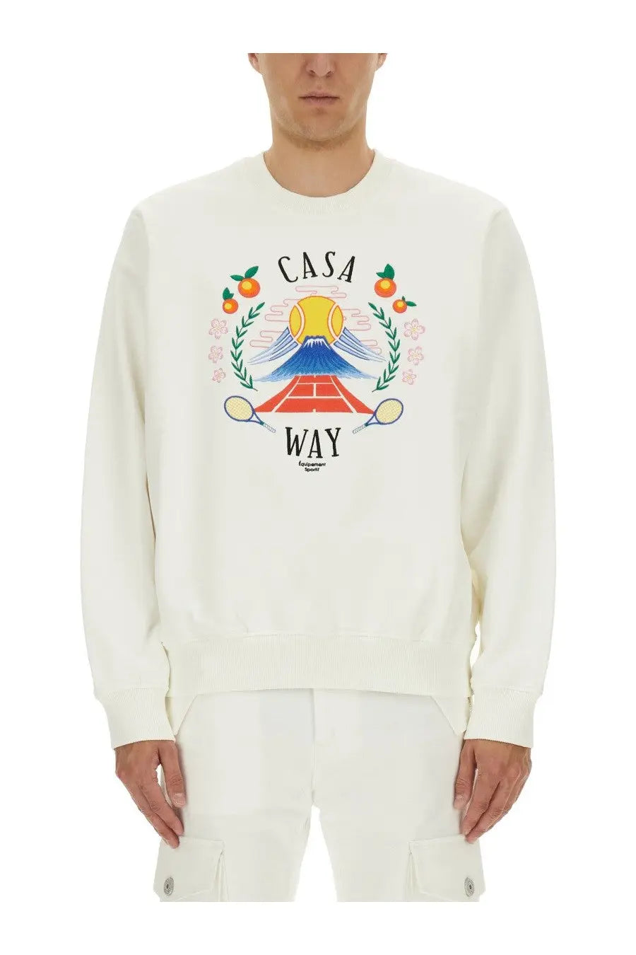 Cream-colored cotton Casablanca men’s sweatshirt with vibrant mount fuji graphic tennis rackets and oranges design
