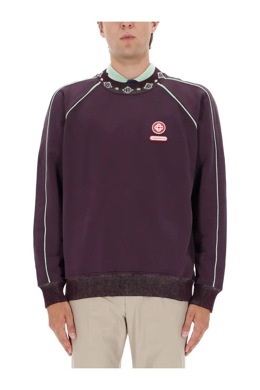 Casablanca men’s dark purple crewneck sweatshirt with white piping, patterned knit collar, and red logo on chest