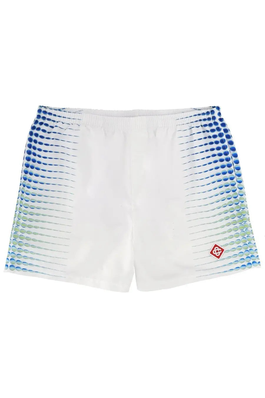 Casablanca men’s white swim shorts with blue and green gradient dot pattern and small red logo on lower right leg