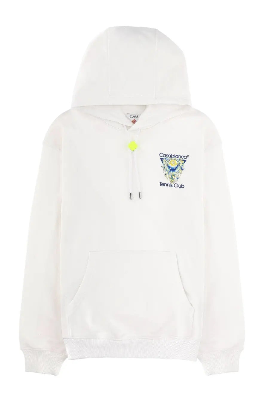 Casablanca men’s tennis club icon white cotton hoodie with neon yellow drawstring toggle and multicolor embroidered logo