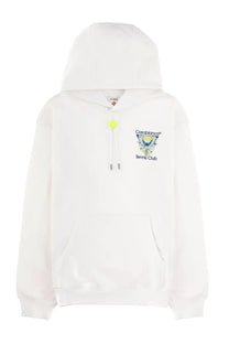 Casablanca men’s tennis club icon white cotton hoodie with neon yellow drawstring toggle and multicolor embroidered logo