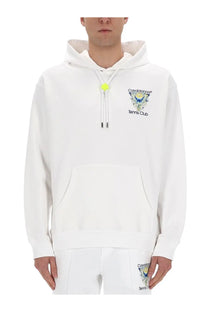 White cotton Casablanca men’s tennis club sweatshirt with neon yellow drawstring toggle and embroidered logo on chest