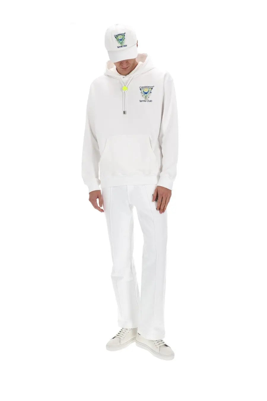 White Casablanca men’s tennis club icon sweatshirt hoodie with embroidered logo and neon yellow zipper pull