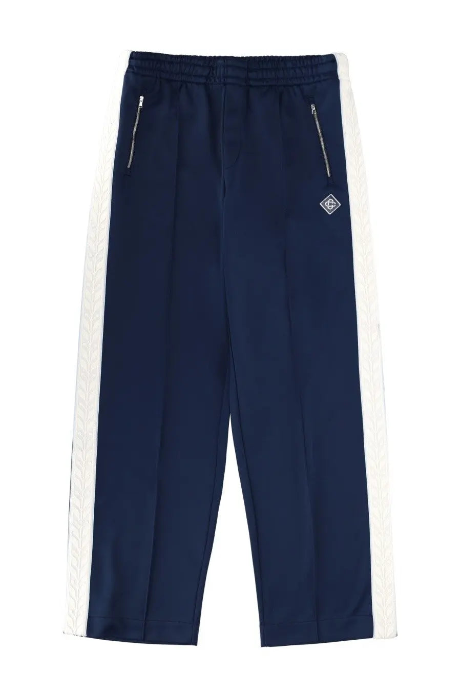 Casablanca men’s navy blue track pants with white side stripes and zipper pockets for casual wear