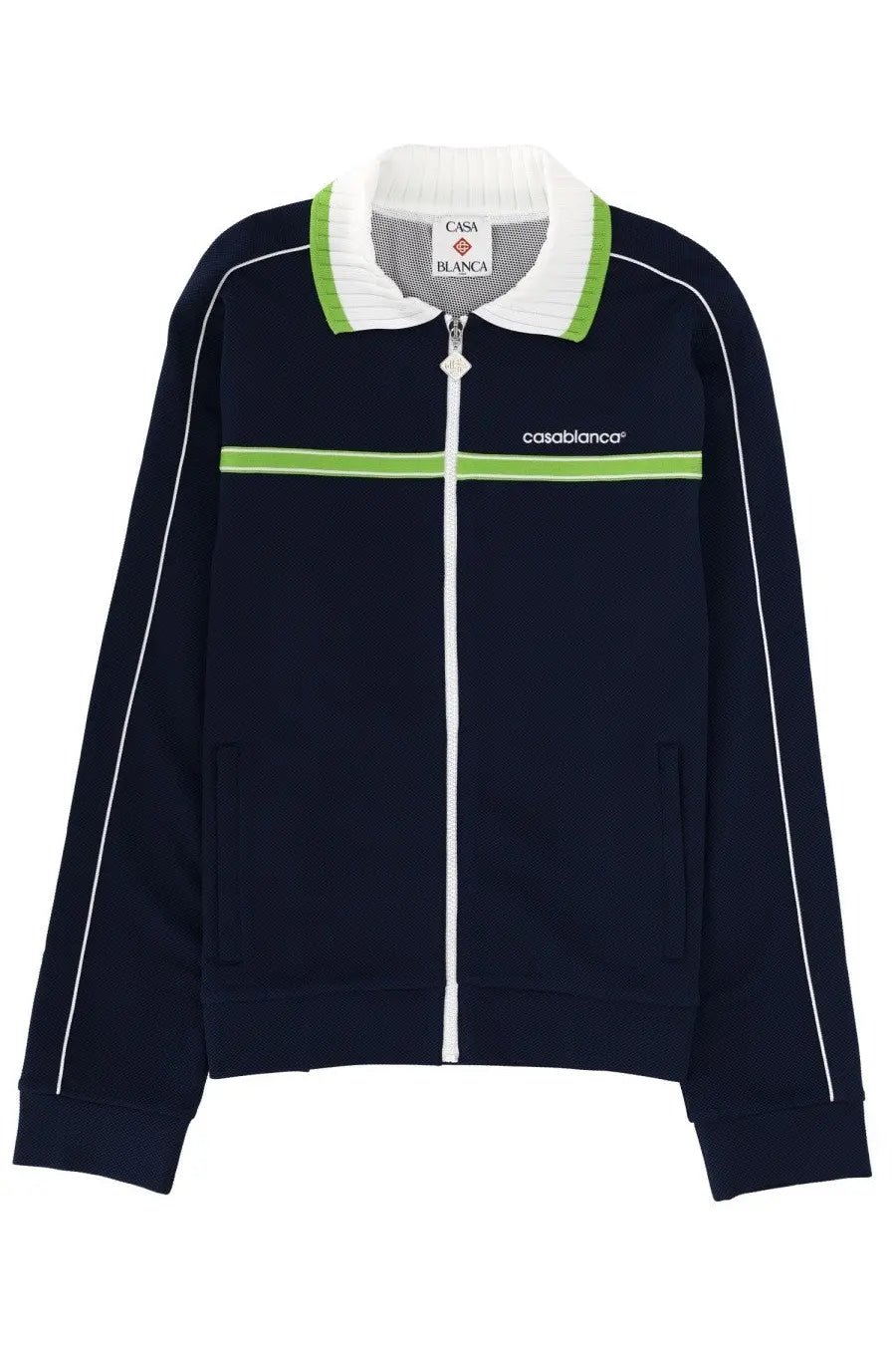 Casablanca men’s navy blue zip sweatshirt with white and lime green accents and contrasting collar and stripes