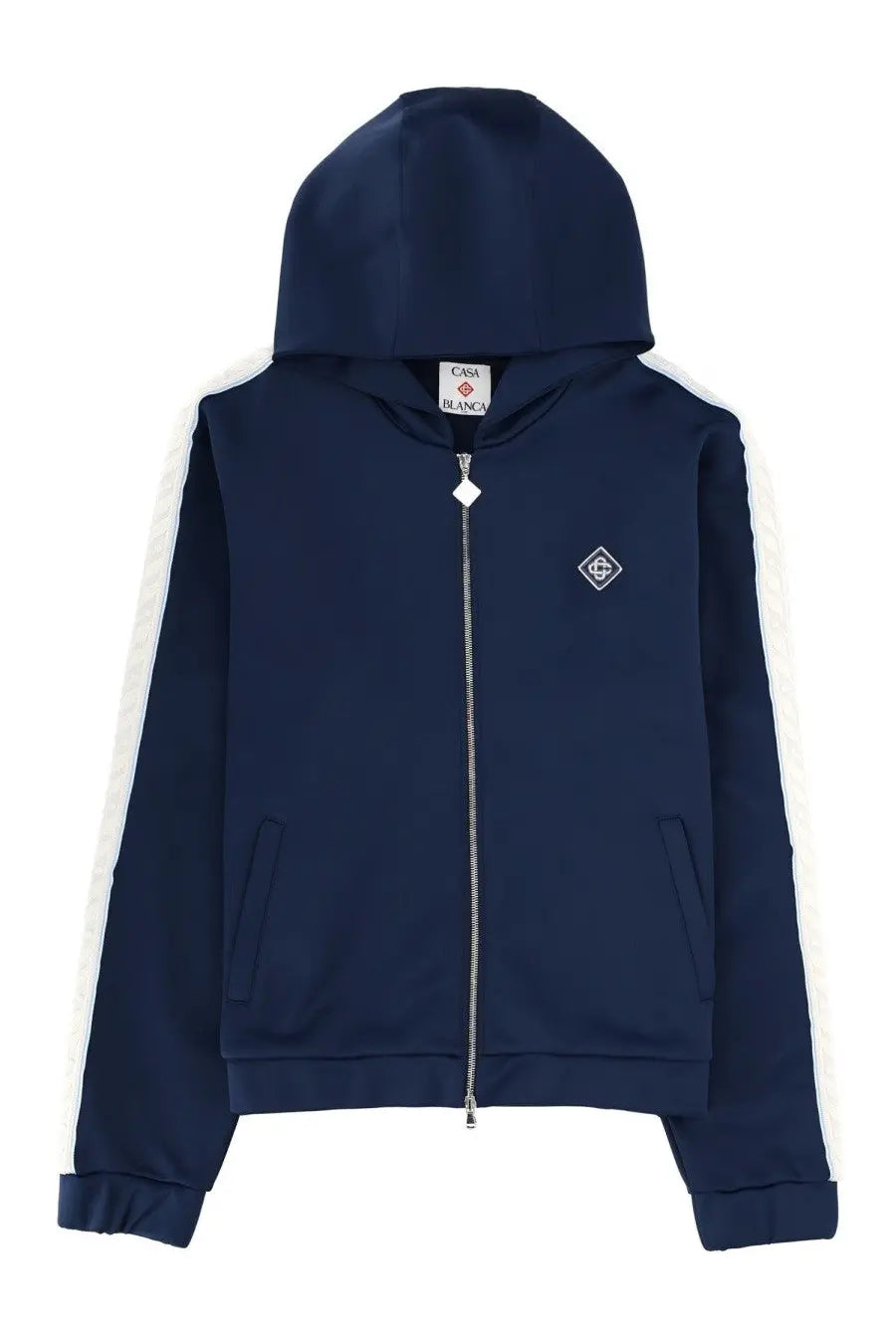 Casablanca men’s navy blue zip-up hoodie with white side stripes and small embroidered chest logo